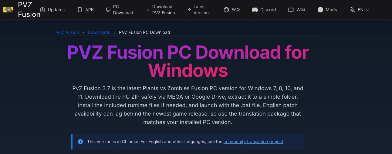 PvZ Fusion PC download links page